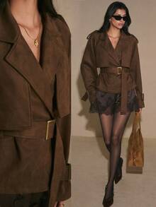 Poéselle Women's Dark Brown Suede-Look Short Trench Coat Belted Double-Breasted Jacket With Storm Flap Wide Lapels Adjustable Cuffs Fall Winter Night Out - Brown - View 2