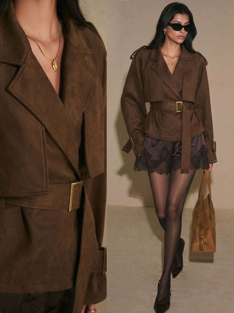 Poéselle Women's Dark Brown Suede-Look Short Trench Coat Belted Double-Breasted Jacket With Storm Flap Wide Lapels Adjustable Cuffs Fall Winter Night Out