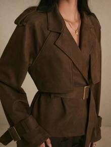 Poéselle Women's Dark Brown Suede-Look Short Trench Coat Belted Double-Breasted Jacket With Storm Flap Wide Lapels Adjustable Cuffs Fall Winter Night Out - Brown - View 9
