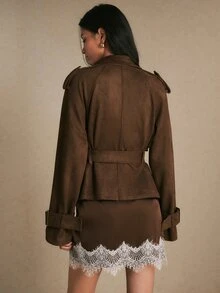 Poéselle Women's Dark Brown Suede-Look Short Trench Coat Belted Double-Breasted Jacket With Storm Flap Wide Lapels Adjustable Cuffs Fall Winter Night Out - Brown - View 6