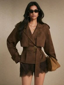 Poéselle Women's Dark Brown Suede-Look Short Trench Coat Belted Double-Breasted Jacket With Storm Flap Wide Lapels Adjustable Cuffs Fall Winter Night Out - Brown - View 7