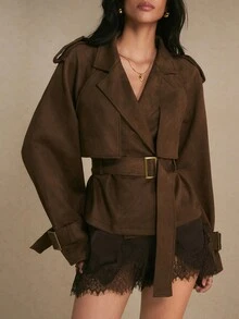 Poéselle Women's Dark Brown Suede-Look Short Trench Coat Belted Double-Breasted Jacket With Storm Flap Wide Lapels Adjustable Cuffs Fall Winter Night Out - Brown - View 3
