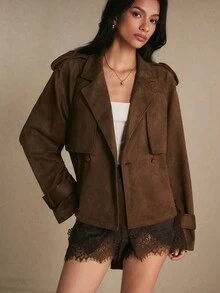 Poéselle Women's Dark Brown Suede-Look Short Trench Coat Belted Double-Breasted Jacket With Storm Flap Wide Lapels Adjustable Cuffs Fall Winter Night Out - Brown - View 5