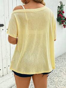 Linhara CURVE Women's Casual Soft Form Normal Solid Color Asymmetric Neckline Sheer Top, Summer Vacation Cruise Soft Yellow - Light Yellow - View 2