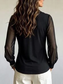 SHEIN Women's Autumn Turn-Down Collar Sheer Mesh Patchwork Knit Top With Front Zipper, Long Sleeve Slim Fit, Suitable For Street, Outing, Date, Casual Occasions - Black - View 2