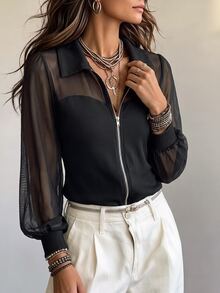 SHEIN Women's Autumn Turn-Down Collar Sheer Mesh Patchwork Knit Top With Front Zipper, Long Sleeve Slim Fit, Suitable For Street, Outing, Date, Casual Occasions - Black - View 4
