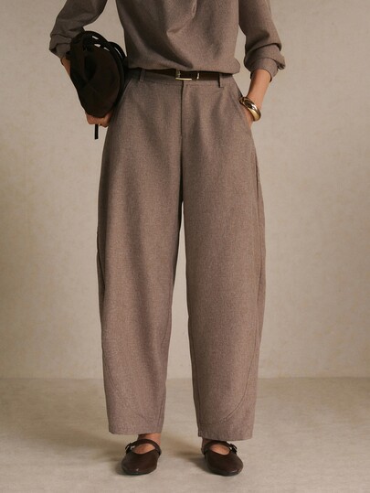 Poéselle Women's Taupe High-Waisted Barrel-Leg Pants – Length Tailored Trousers With Side Pockets And Relaxed Fit Fall/Winter Bottom Office Outfits Brown Pants