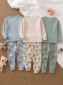 SHEIN 嬰兒男/女童可愛動物圖案修身長袖褲家居服套裝，適合聖誕節、派對、室內穿著 - 彩色 - 查看 2