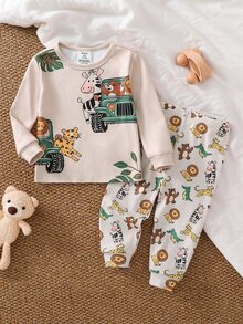 SHEIN 嬰兒男/女童可愛動物圖案修身長袖褲家居服套裝，適合聖誕節、派對、室內穿著 - 彩色 - 查看 6