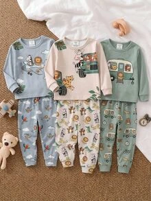 SHEIN 嬰兒男/女童可愛動物圖案修身長袖褲家居服套裝，適合聖誕節、派對、室內穿著 - 彩色 - 查看 10