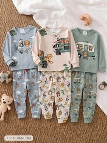 SHEIN 嬰兒男/女童可愛動物圖案修身長袖褲家居服套裝，適合聖誕節、派對、室內穿著 - 彩色 - 查看 1