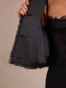 Enchnt 高級秋季浪漫女款優雅黑色兩件式粗花呢外套，珍珠鈕扣與毛邊設計，適合節慶、萬聖節、職場穿搭 - 黑色 - 查看 8