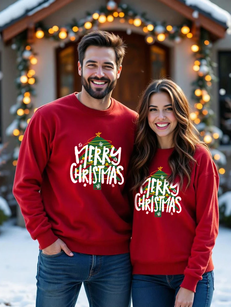 Sorvial Red Oversized Drop Shoulder Thick Pullover Sweatshirt For Men, Christmas Tree Pattern Sweatshirt, Christmas Sweatshirt, Suitable For Boyfriend, Family Gift - Red - View 1