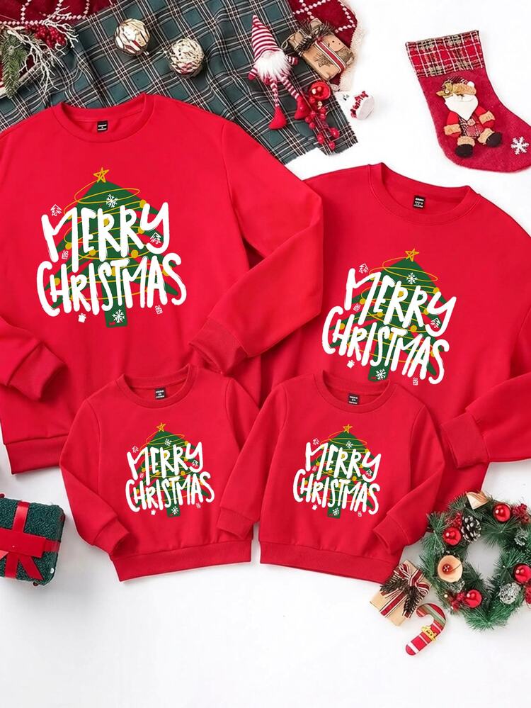 Sorvial Red Oversized Drop Shoulder Thick Pullover Sweatshirt For Men, Christmas Tree Pattern Sweatshirt, Christmas Sweatshirt, Suitable For Boyfriend, Family Gift - Red - View 1