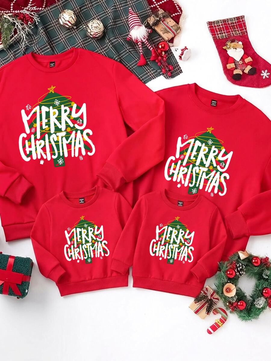 Sorvial Red Oversized Drop Shoulder Thick Pullover Sweatshirt For Men, Christmas Tree Pattern Sweatshirt, Christmas Sweatshirt, Suitable For Boyfriend, Family Gift - Red - View 1