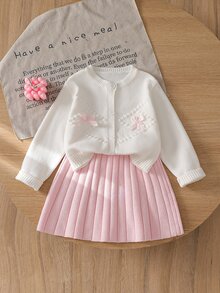 Set Lucu untuk Anak Perempuan: Kardigan Rajut Lengan Panjang dan Rok Rajut dengan Hiasan Pita - Berwarna merah muda - View 6