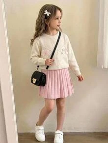 Set Lucu untuk Anak Perempuan: Kardigan Rajut Lengan Panjang dan Rok Rajut dengan Hiasan Pita - Berwarna merah muda - View 1