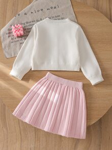 Set Lucu untuk Anak Perempuan: Kardigan Rajut Lengan Panjang dan Rok Rajut dengan Hiasan Pita - Berwarna merah muda - View 2