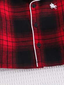 SHEIN 中性嬰兒男/女嬰 2件組秋冬休閒可愛紅黑格紋睡衣套裝，居家休閒服，適合居家休息、睡眠與日常穿著 - 紅色 - 查看 5