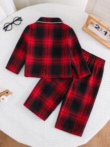 SHEIN 中性嬰兒男/女嬰 2件組秋冬休閒可愛紅黑格紋睡衣套裝，居家休閒服，適合居家休息、睡眠與日常穿著 - 紅色 - 查看 3