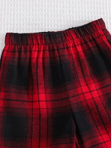 SHEIN 中性嬰兒男/女嬰 2件組秋冬休閒可愛紅黑格紋睡衣套裝，居家休閒服，適合居家休息、睡眠與日常穿著 - 紅色 - 查看 7