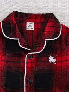 SHEIN 中性嬰兒男/女嬰 2件組秋冬休閒可愛紅黑格紋睡衣套裝，居家休閒服，適合居家休息、睡眠與日常穿著 - 紅色 - 查看 4