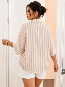SHEIN Essnce Khaki Striped Plus Size Shirt Fall - Multicolor - View 2