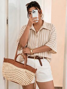 SHEIN Essnce Khaki Striped Plus Size Shirt Fall - Multicolor - View 3