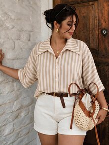 SHEIN Essnce Khaki Striped Plus Size Shirt Fall - Multicolor - View 1