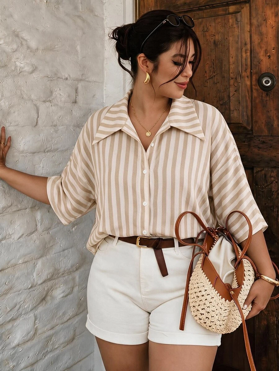 SHEIN Essnce Khaki Striped Plus Size Shirt Fall - Multicolor - View 1