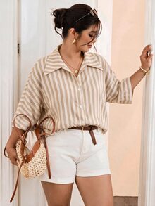 SHEIN Essnce Khaki Striped Plus Size Shirt Fall - Multicolor - View 5