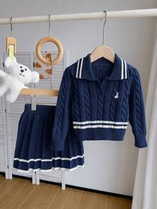 SHEIN Girls Pink Knitted Set, Cute Embroidered Rabbit Sweater + Knitted Mini Skirt 2 Pieces Set, Girls Long Sleeve V-Neck Pullover With Twisted Rope Detail, Casual Elegant Style For Autumn/Winter - Navy Blue - View 5