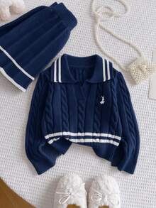 SHEIN Girls Pink Knitted Set, Cute Embroidered Rabbit Sweater + Knitted Mini Skirt 2 Pieces Set, Girls Long Sleeve V-Neck Pullover With Twisted Rope Detail, Casual Elegant Style For Autumn/Winter - Navy Blue - View 3