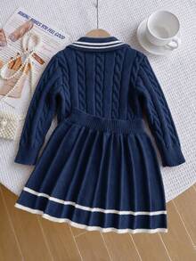 SHEIN Girls Pink Knitted Set, Cute Embroidered Rabbit Sweater + Knitted Mini Skirt 2 Pieces Set, Girls Long Sleeve V-Neck Pullover With Twisted Rope Detail, Casual Elegant Style For Autumn/Winter - Navy Blue - View 2