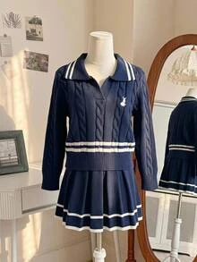 SHEIN Girls Pink Knitted Set, Cute Embroidered Rabbit Sweater + Knitted Mini Skirt 2 Pieces Set, Girls Long Sleeve V-Neck Pullover With Twisted Rope Detail, Casual Elegant Style For Autumn/Winter - Navy Blue - View 6