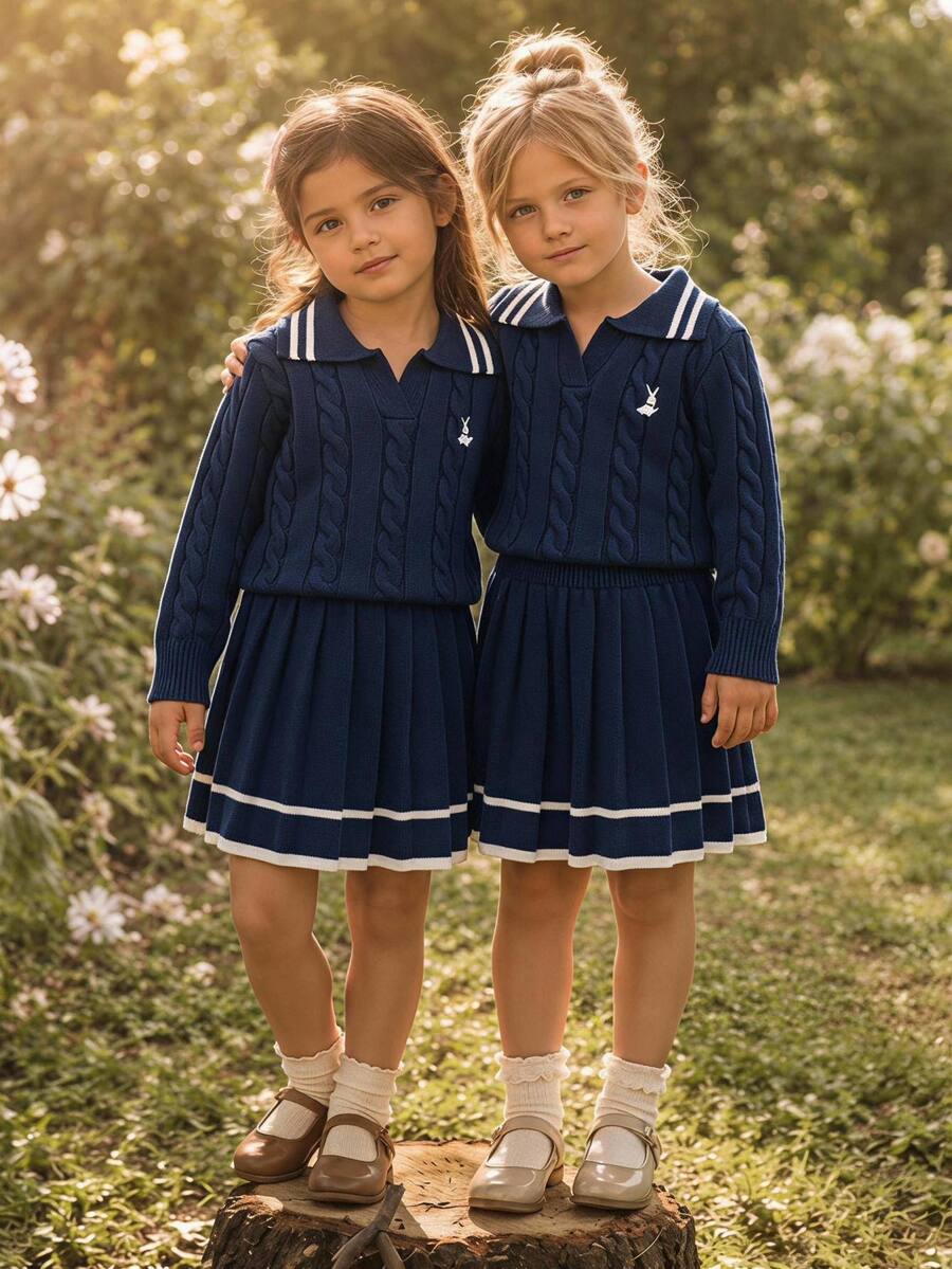 SHEIN Girls Pink Knitted Set, Cute Embroidered Rabbit Sweater + Knitted Mini Skirt 2 Pieces Set, Girls Long Sleeve V-Neck Pullover With Twisted Rope Detail, Casual Elegant Style For Autumn/Winter - Navy Blue - View 1