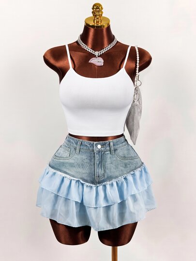 Mistrie Women's Fashion Denim Skirt With Pocket Detail And Double Layer Hem