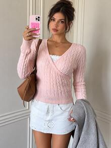 Autumina French Elegant Gentle Style Light Pink Twisted Rope Wrap V-Neck High Waist Cropped Sweater For Women Everyday Date Autumn - Pink - View 1
