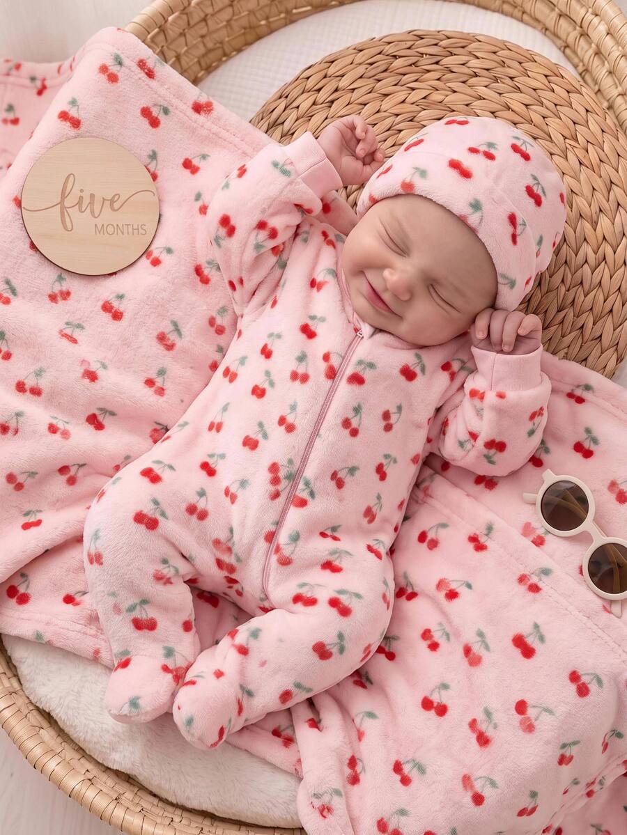 SHEIN 新生女嬰彩色花卉圖案圓領長袖保暖內裡加厚秋冬連身衣 - 粉色 - 查看 1