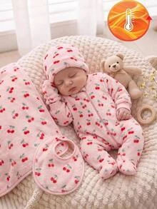 SHEIN 新生女嬰彩色花卉圖案圓領長袖保暖內裡加厚秋冬連身衣 - 粉色 - 查看 8