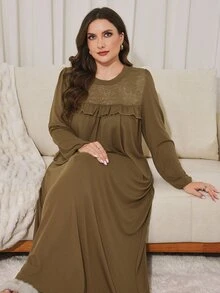 Lacomfia Plus Size Women's Loose Casual Round Neck Long Sleeve Patchwork Textured Fabric Long Dress, Autumn - Khaki - View 5