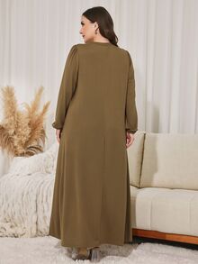 Lacomfia Plus Size Women's Loose Casual Round Neck Long Sleeve Patchwork Textured Fabric Long Dress, Autumn - Khaki - View 2