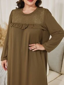 Lacomfia Plus Size Women's Loose Casual Round Neck Long Sleeve Patchwork Textured Fabric Long Dress, Autumn - Khaki - View 8