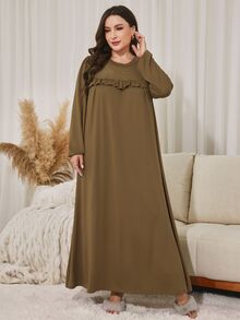 Lacomfia Plus Size Women's Loose Casual Round Neck Long Sleeve Patchwork Textured Fabric Long Dress, Autumn - Khaki - View 6