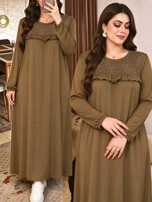 Lacomfia Plus Size Women's Loose Casual Round Neck Long Sleeve Patchwork Textured Fabric Long Dress, Autumn - Khaki - View 4