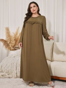 Lacomfia Plus Size Women's Loose Casual Round Neck Long Sleeve Patchwork Textured Fabric Long Dress, Autumn - Khaki - View 7