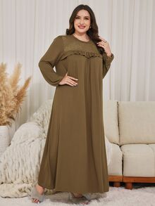 Lacomfia Plus Size Women's Loose Casual Round Neck Long Sleeve Patchwork Textured Fabric Long Dress, Autumn - Khaki - View 9