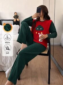 SHEIN طقم بيجامة نسائي من قطعتين بتصميم سحابة كرتونية، قميص بأكمام طويلة وبنطال طويل من قماش ناعم دافئ، بياقة دائرية، طقم مريح للاسترخاء في الشتاء - متعدد الألوان - مشاهدة 7