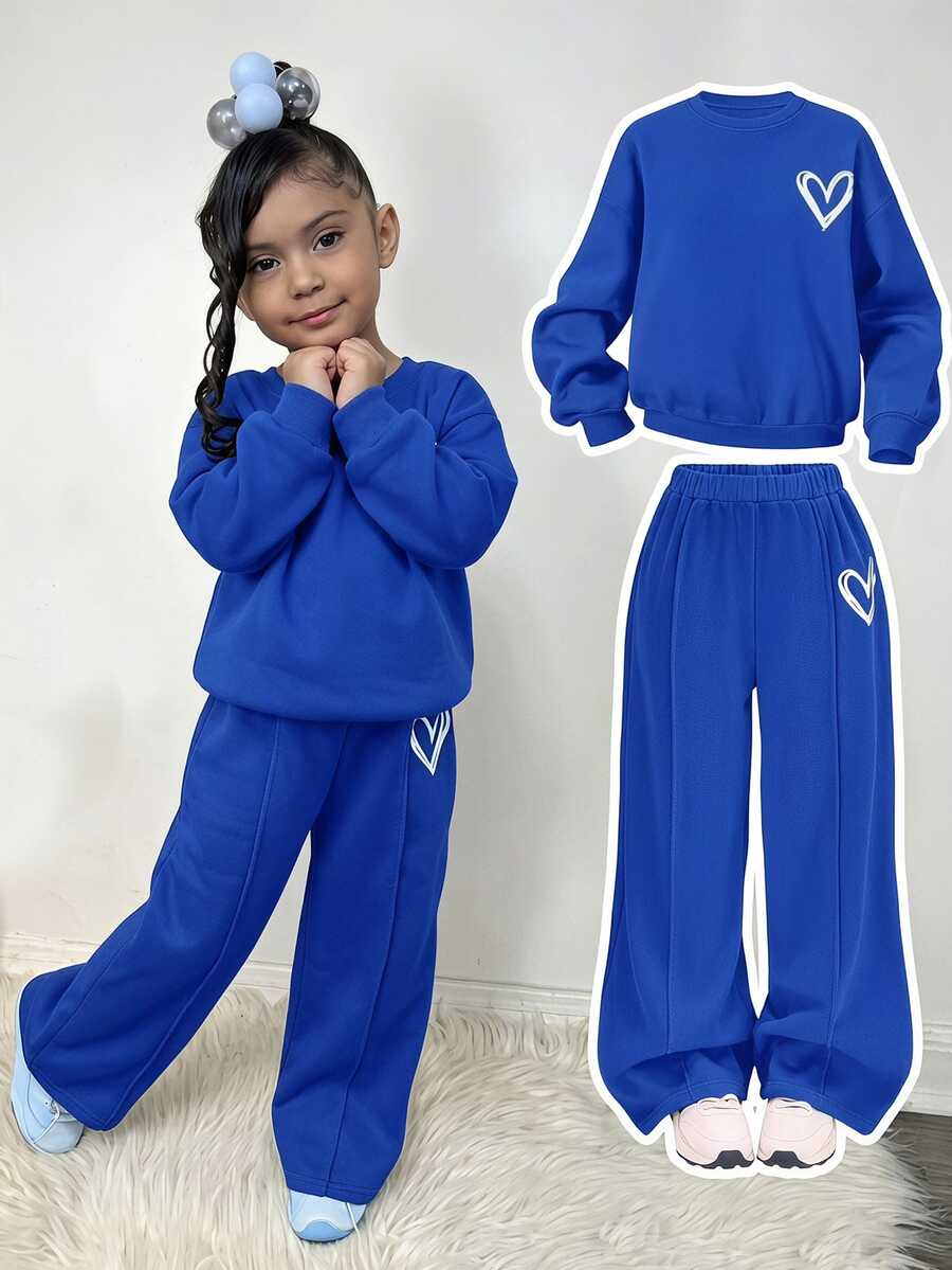 SHEIN Kids Young Girl Casual Heart Print Knit Solid Color Loose Drop Shoulder Long Sleeve Autumn Sweatshirt Pleated Wide Leg Sweatpants PocketedBlue Set - Blue - View 1