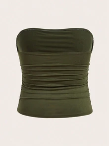 SHEIN CURVE+ 大尺碼女款 3 件組基礎抹胸上衣套裝 無肩帶 多件裝 抓皺加墊 適合約會、辦公、夏季性感度假居家休閒 黑色 橄欖綠 棕色 - 彩色 - 查看 4